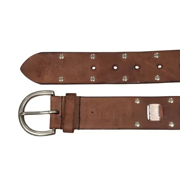 Brown Distressed Leather Belt Pink Satin Ribbon Silver Studs Brass Hardware Sz L